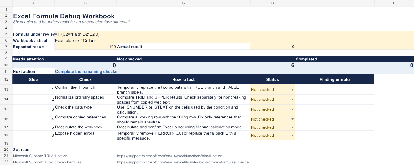 Preview of the Excel Formula Debug Workbook checklist